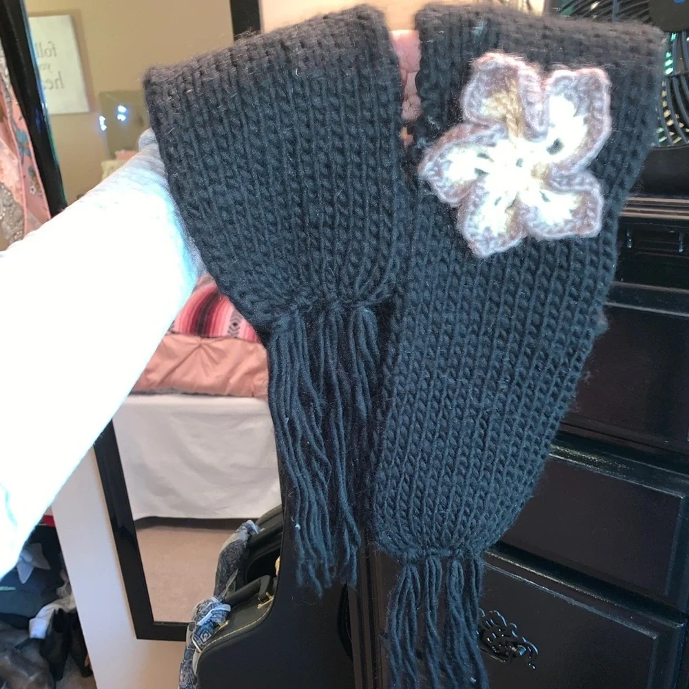 Black Knit Flower Scarf Cozy Warm